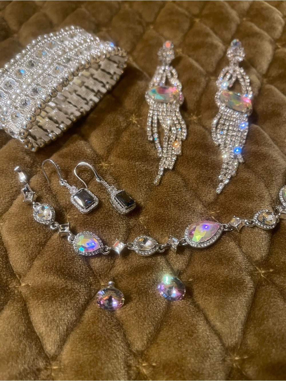 Crystal Drop Statement Earrings and 2 Small earrings +2 Bracelets Set in Silver